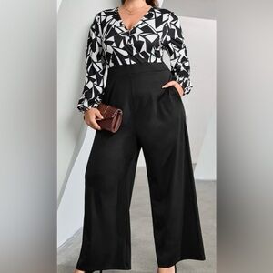 NEW 2 XL SHEIN Clasi Plus Geo Print Lantern Sleeve Wide Leg Jumpsuit